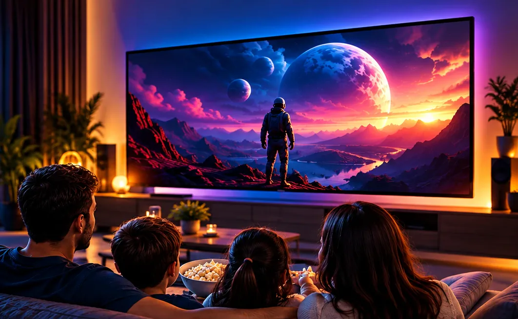 A family on a sofa watching a sci-fi film on a large wall-mounted TV in a softly lit living room at night.
