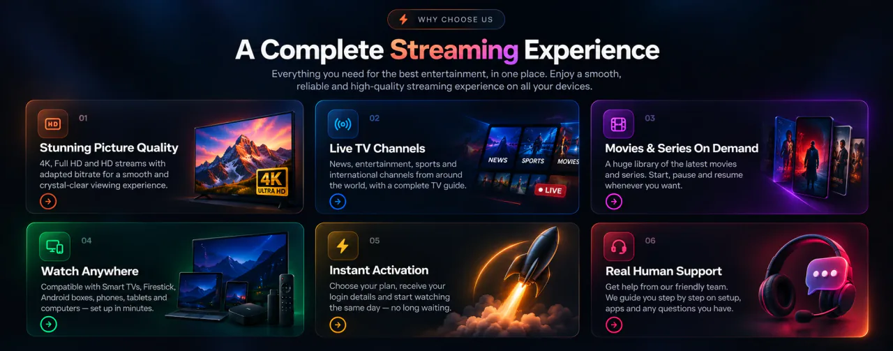 A complete streaming experience: stunning 4K picture quality, live TV channels, movies and series on demand, watch anywhere on any device, instant activation and real human support.