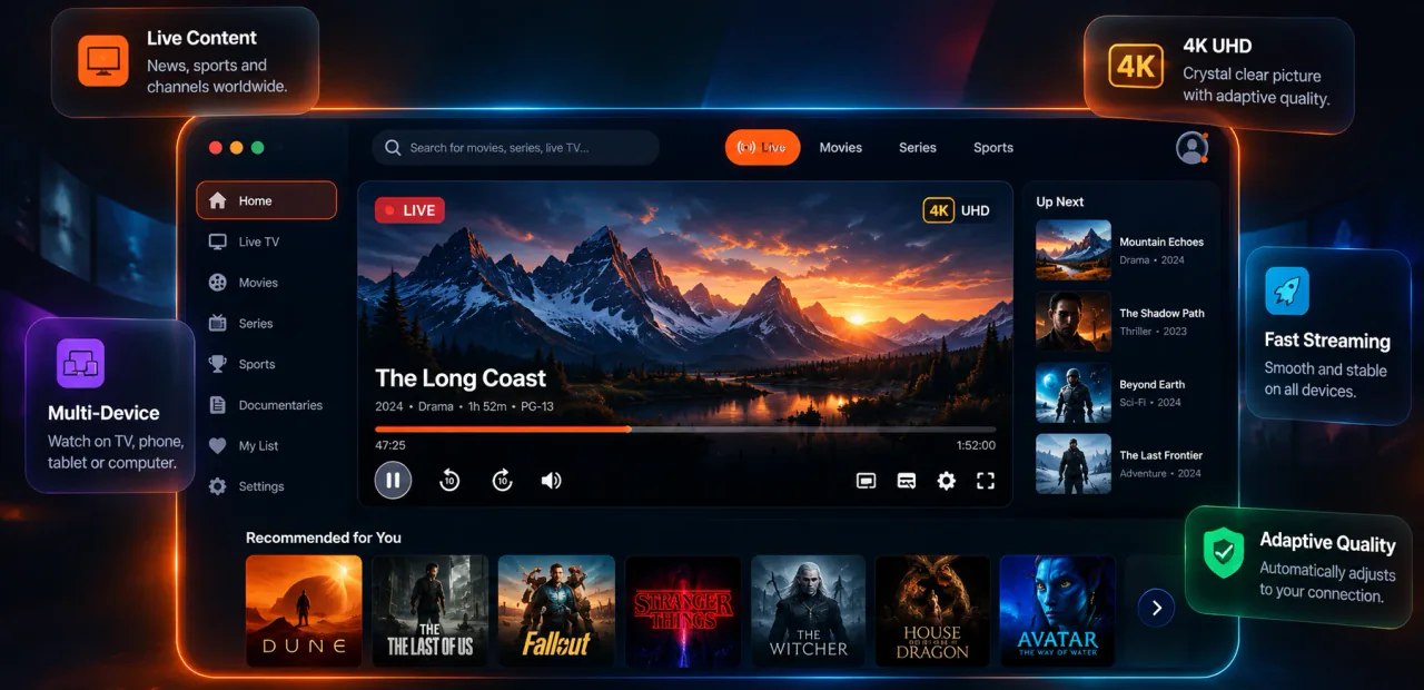 IPTV Smarters Tech streaming interface: live player showing The Long Coast in 4K UHD, with Live TV, Movies, Series, Sports and Documentaries menus, an Up Next list and recommendations, highlighting live content, 4K UHD, multi-device viewing, fast streaming and adaptive quality.